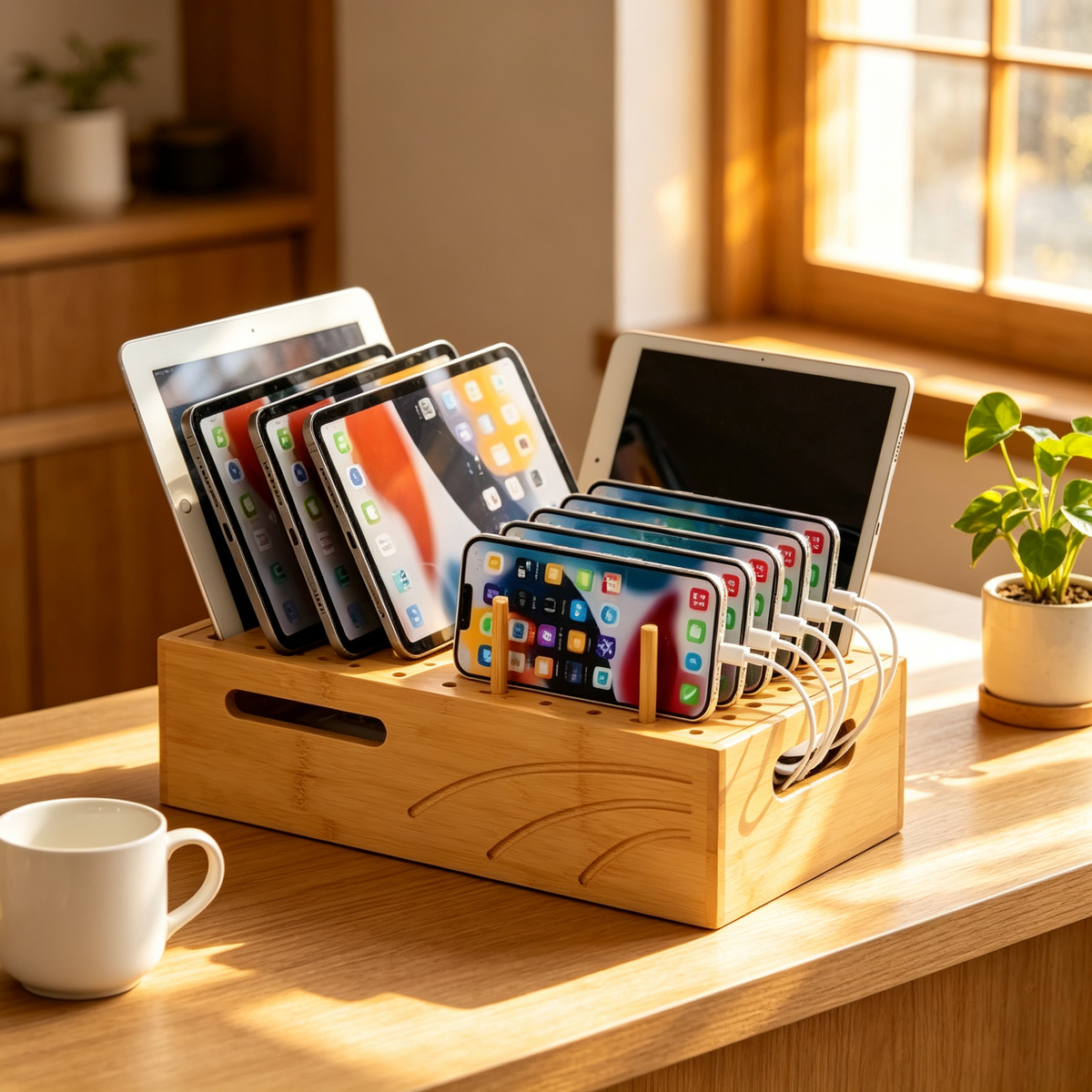 Multi-Device Charging Organizer | Bamboo Storage Station | Clutter-Free Charging