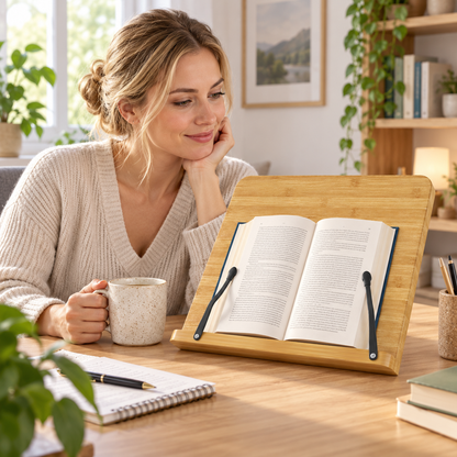 Adjustable Desktop Reading Stand | Bamboo Book Holder | Hands-Free Reading