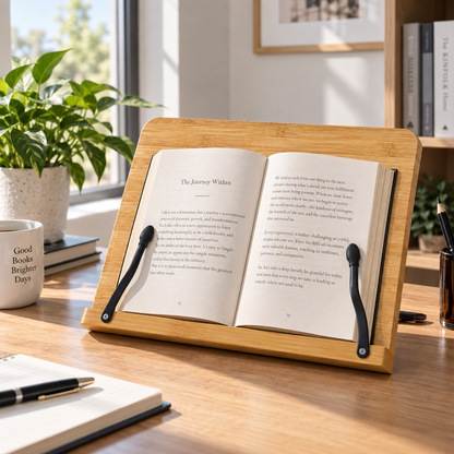Adjustable Desktop Reading Stand | Bamboo Book Holder | Hands-Free Reading