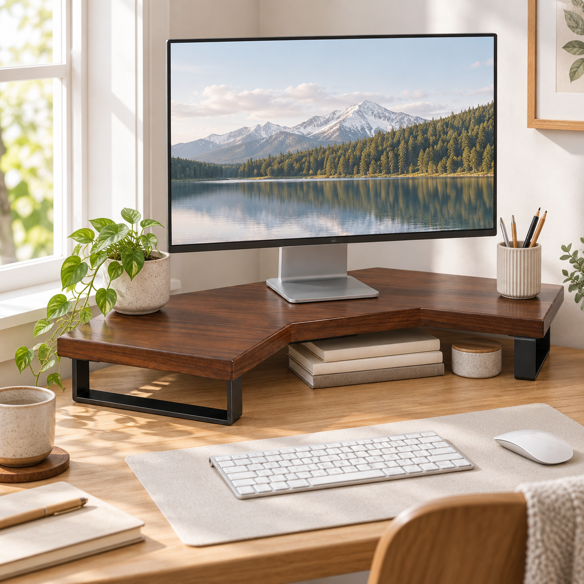 🖥️ Corner Monitor Riser | Wood Desktop Stand | Space-Saving Workspace Upgrade