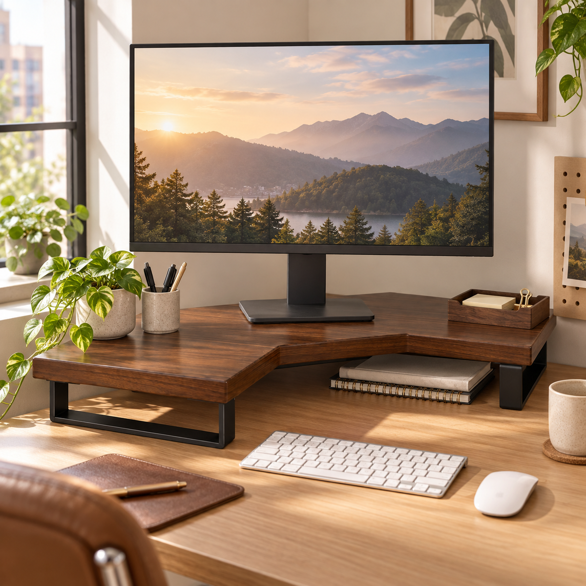 🖥️ Corner Monitor Riser | Wood Desktop Stand | Space-Saving Workspace Upgrade