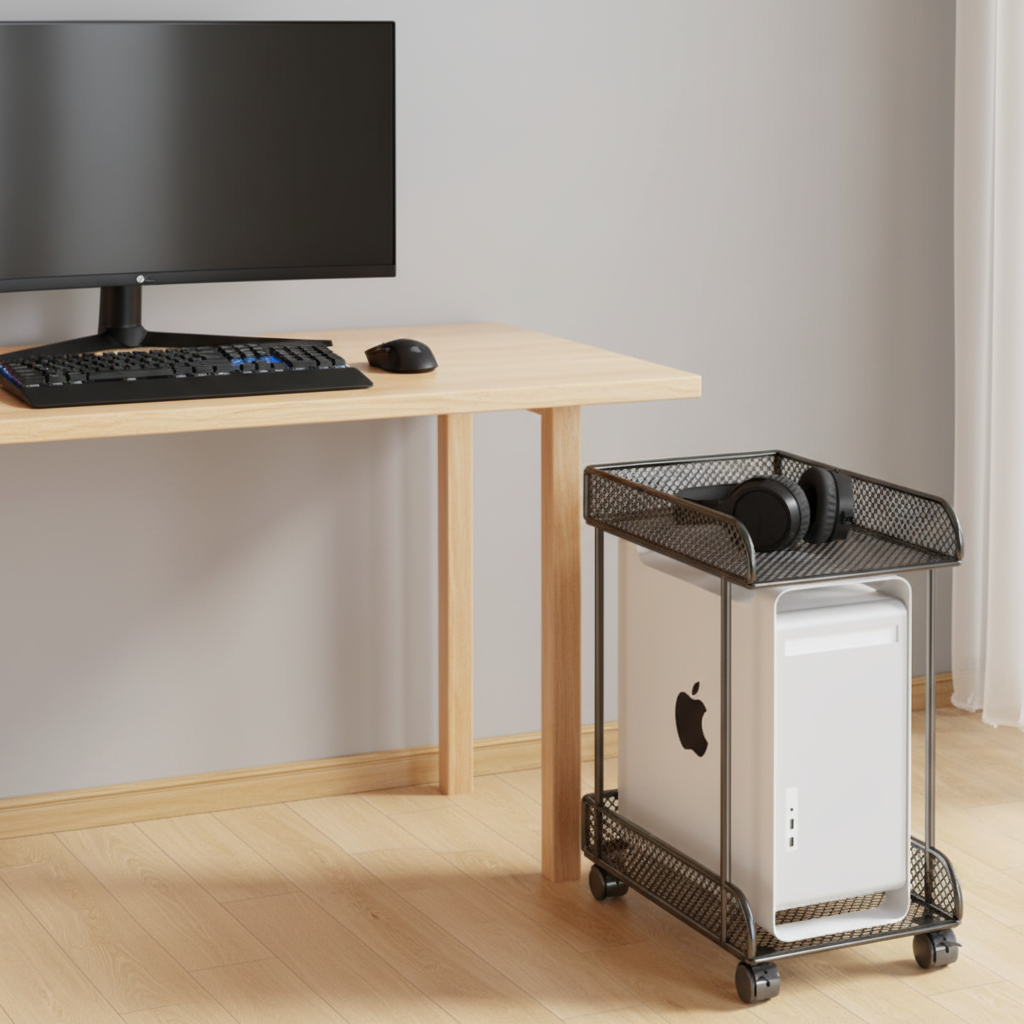 🖥️ Rolling CPU Stand | Metal Mesh Storage | Smart Office Organizer
