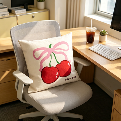 🍒 Cherry Bow Throw Pillow | Soft Fabric Sofa Accent | Playful Cozy Home Decor