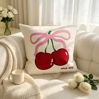 🍒 Cherry Bow Throw Pillow | Soft Fabric Sofa Accent | Playful Cozy Home Decor