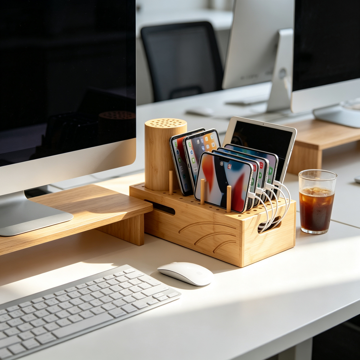 Multi-Device Charging Organizer | Bamboo Storage Station | Clutter-Free Charging
