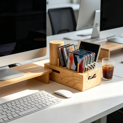 Multi-Device Charging Organizer | Bamboo Storage Station | Clutter-Free Charging