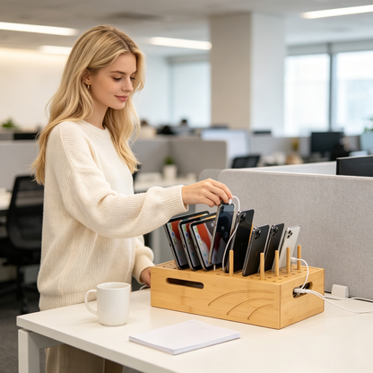 Multi-Device Charging Organizer | Bamboo Storage Station | Clutter-Free Charging