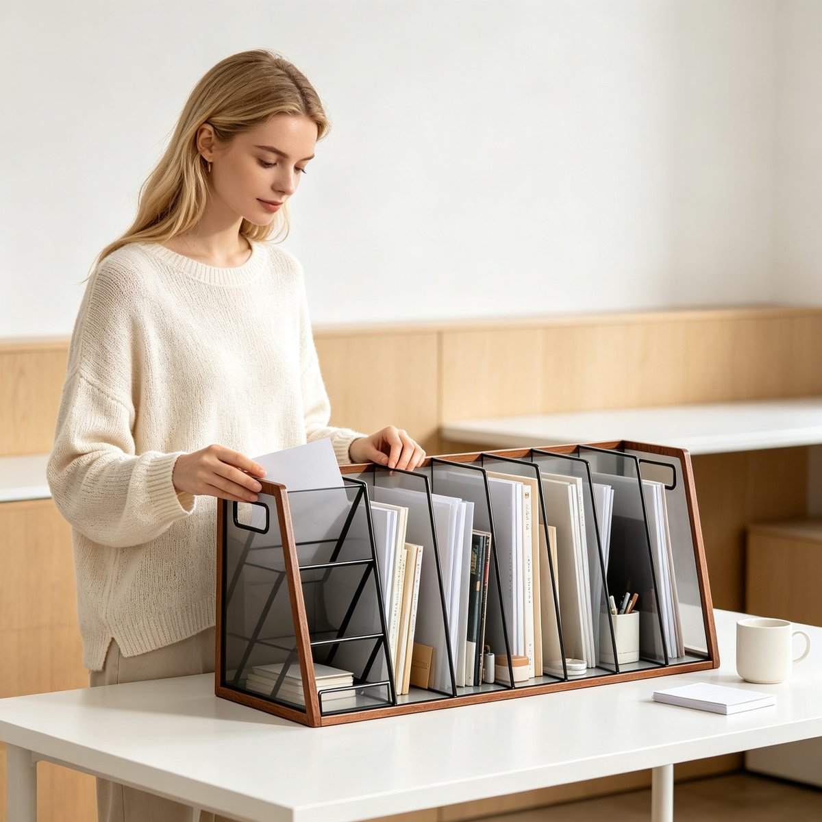 Desktop File Organizer | Wood & Metal Dividers | Clean Document Storage