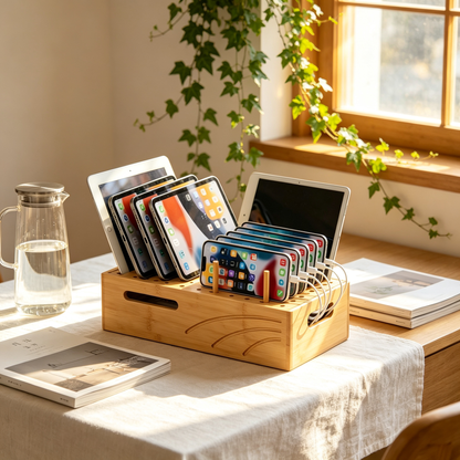 Multi-Device Charging Organizer | Bamboo Storage Station | Clutter-Free Charging