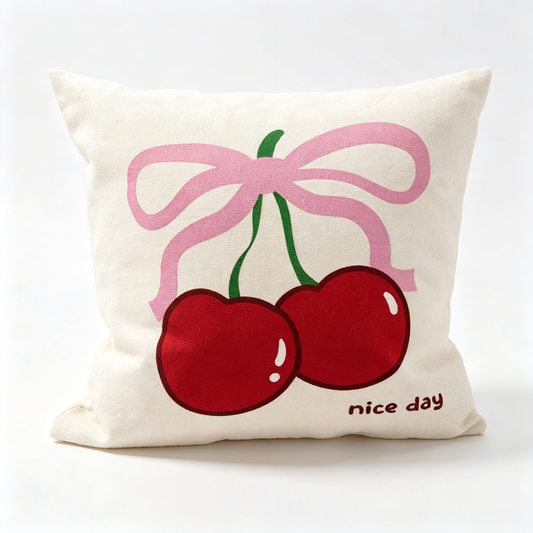 🍒 Cherry Bow Throw Pillow | Soft Fabric Sofa Accent | Playful Cozy Home Decor