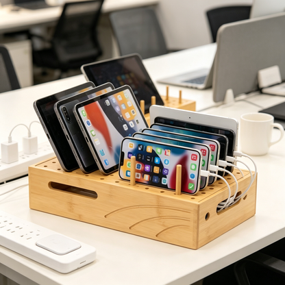 Multi-Device Charging Organizer | Bamboo Storage Station | Clutter-Free Charging