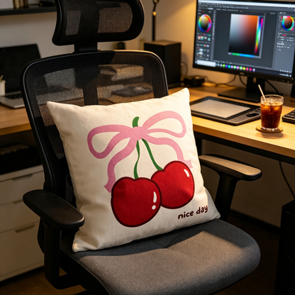 🍒 Cherry Bow Throw Pillow | Soft Fabric Sofa Accent | Playful Cozy Home Decor