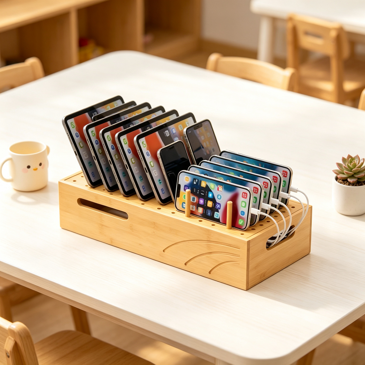 Multi-Device Charging Organizer | Bamboo Storage Station | Clutter-Free Charging