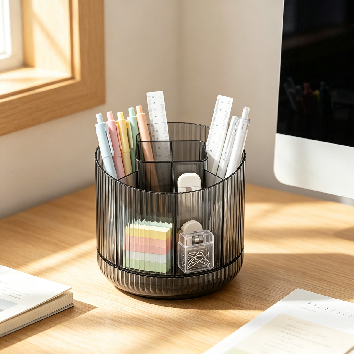 🖤 Rotating Desktop Organizer | Multi-Compartment Storage | Sleek Space-Saving Desk Essentia