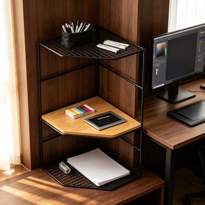 🖤 Corner Desktop Shelf | 3-Tier Vertical Storage | Modern Space-Saving Desk Organizer