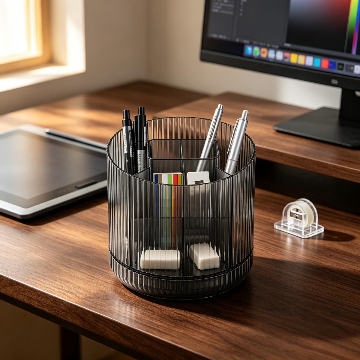 🖤 Rotating Desktop Organizer | Multi-Compartment Storage | Sleek Space-Saving Desk Essentia