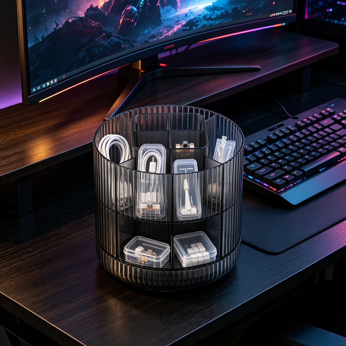 🖤 Rotating Desktop Organizer | Multi-Compartment Storage | Sleek Space-Saving Desk Essentia